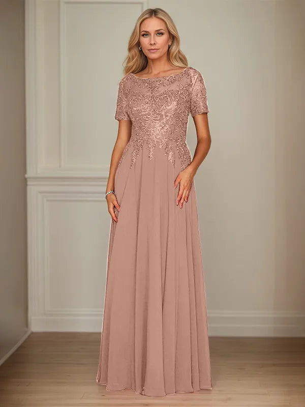 A Line Chiffon Boat Neck Short Sleeves Floor Length Mother of the Bride Dresses