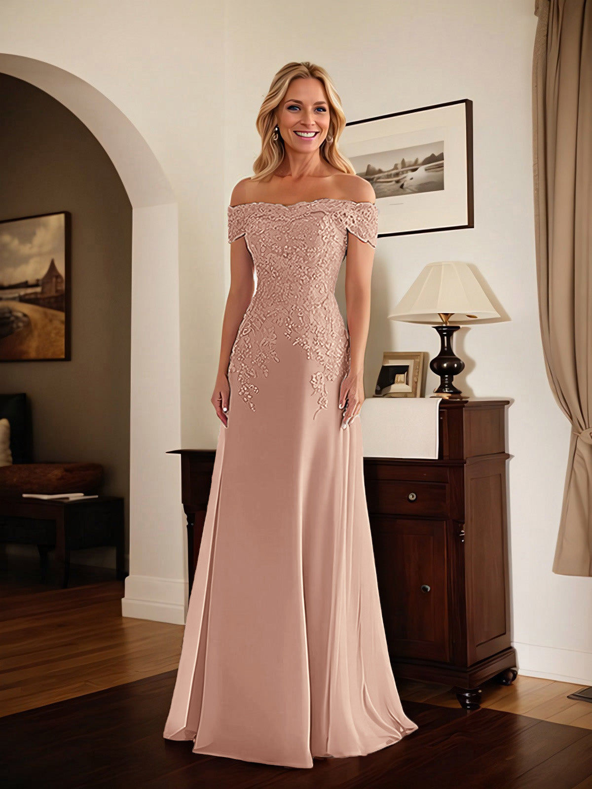 Elegant Taupe Off The Shoulder Sheath Mother of the Bride Dress with Lace