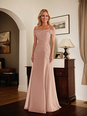 Elegant Taupe Off The Shoulder Sheath Mother of the Bride Dress with Lace