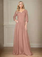 A Line Chiffon V Neck 3/4 Sleeves Floor-Length Mother Of The Bride Dress With Appliques