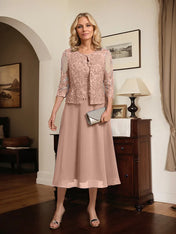 A-line Scoop Tea-Length Lace Chiffon Mother of the Bride Dress With Sequins