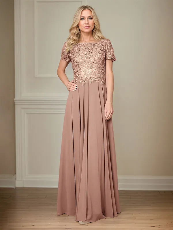 A Line Chiffon Boat Neck Short Sleeves Floor Length Pleated Mother of the Bride Dresses