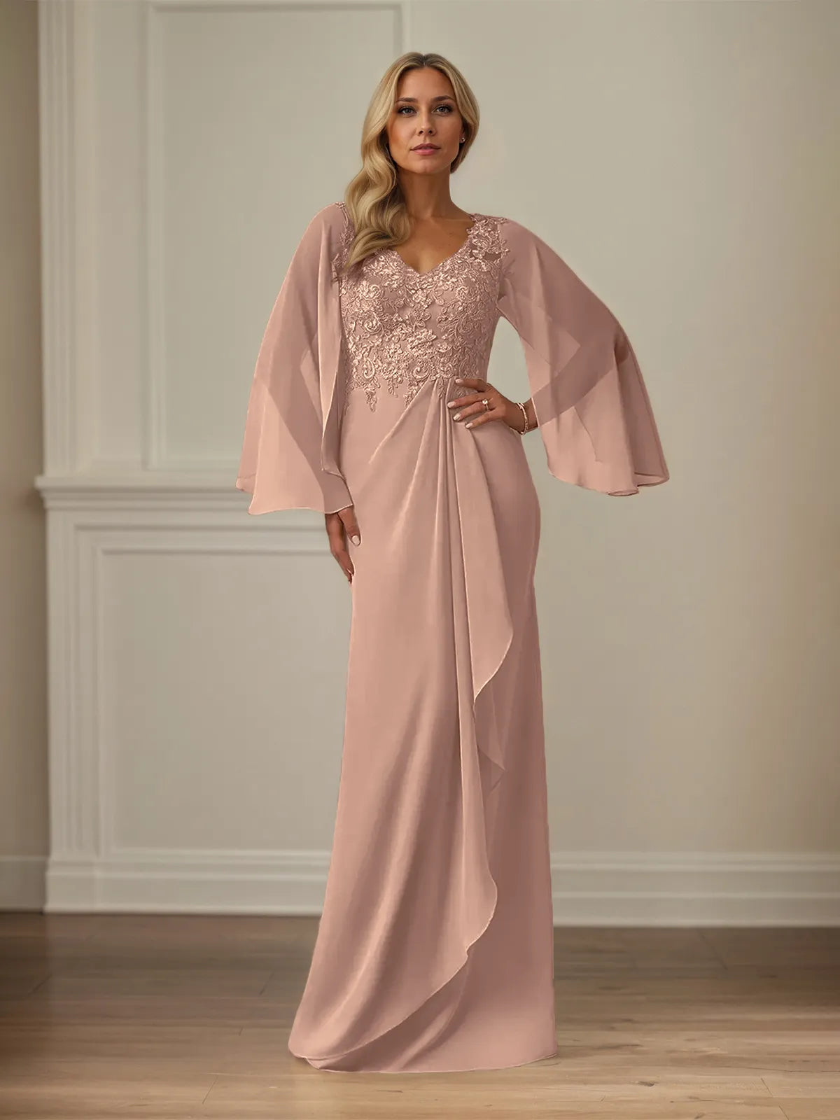 Column Chiffon V Neck Long Sleeves Floor Length Mother of the Bride Dresses With Appliques