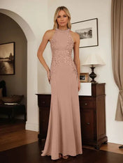 Dusty Blue Sheath Halter Long Mother of Bride Dress With Appliques