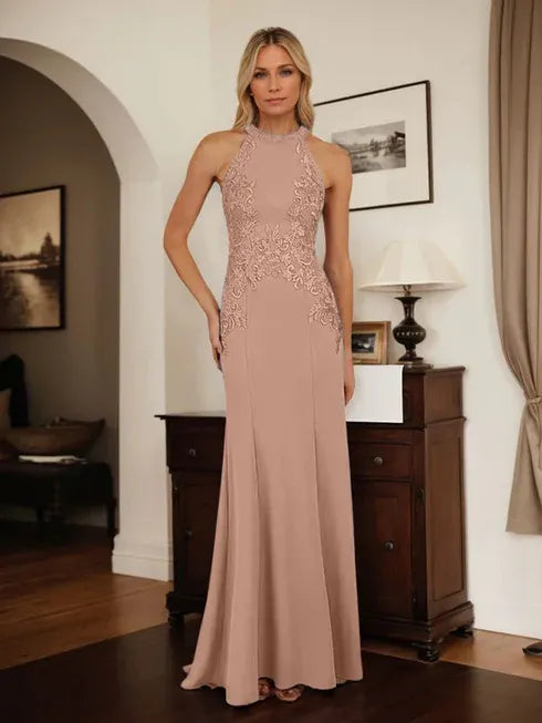 Dusty Blue Sheath Halter Long Mother of Bride Dress With Appliques