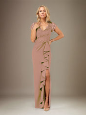 Sheath/Column V Neck Short Sleeve Floor Length Chiffon Dress With Cascading Ruffles