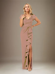 Sheath/Column V Neck Short Sleeve Floor Length Chiffon Dress With Cascading Ruffles
