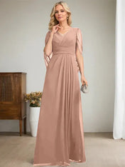 Dark Navy A-Line V-Neck Long Mother of Bride Dress