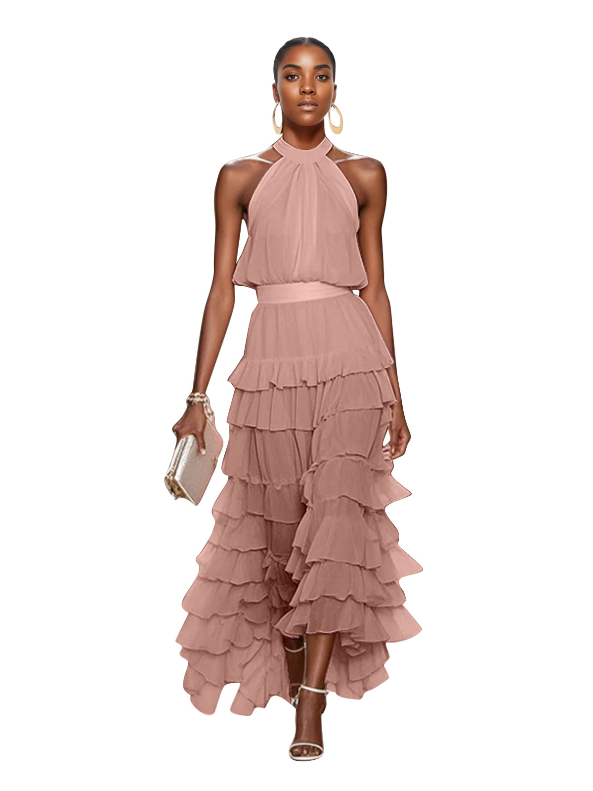 A Line Pink Chiffon Halter Neck Sleeveless Ankle Length Dress With Cascading Ruffles