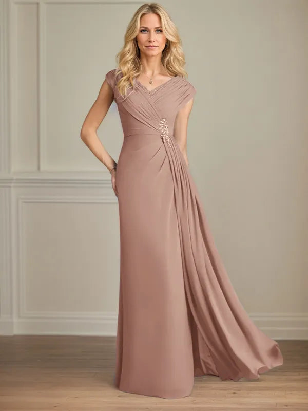 Column Chiffon V Neck Sleeveless Floor Length Mother of the Bride Dresses