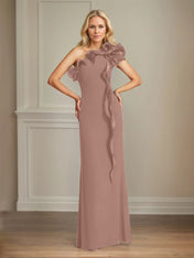 Navy Stretch Crepe Sheath/Column One Shoulder Floor Length Mother of the Bride Dresses With Ruffles