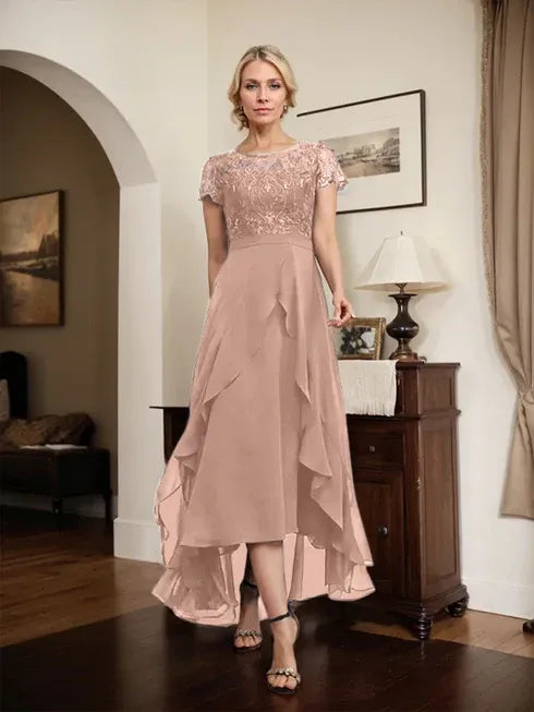 A-line Scoop Illusion Asymmetrical Chiffon Lace Mother of the Bride Dress With Bow Ruffle Sequins