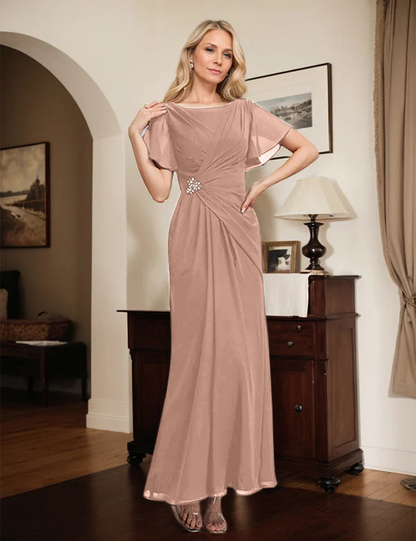 A-line Scoop Ankle-Length Chiffon Mother of the Bride Dress With Beading Pleated