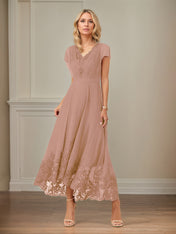 A Line V Neck Flutter Sleeve Ankle Length Chiffon Dress With Appliques
