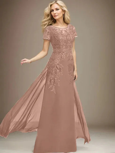 Column Scoop Illusion Floor-Length Lace Chiffon Mother of the Bride Dress With Sequins