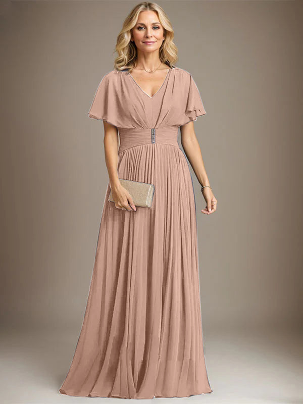 A-line V-Neck Floor-Length Chiffon Mother of the Bride Dress With Crystal Brooch Pleated