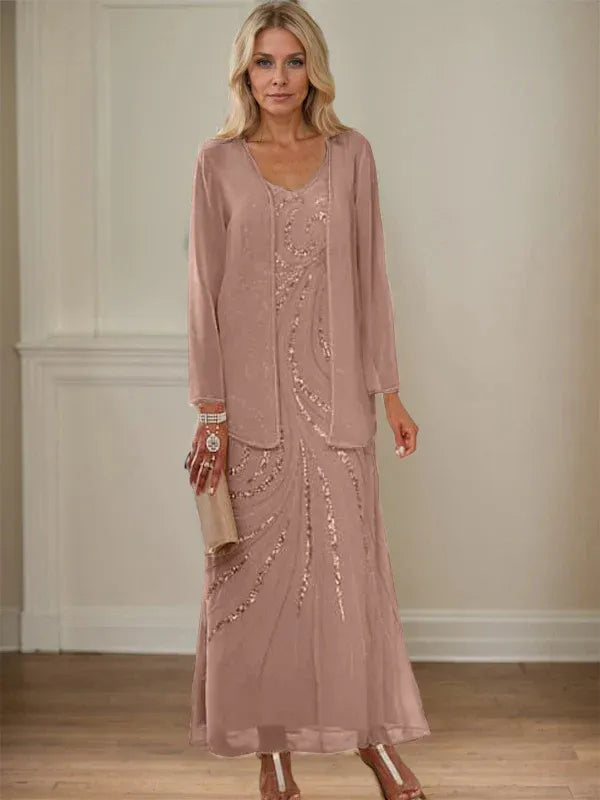 Robe de mère de la mariée fourreau/colonne, col en V, longueur cheville, avec veste et paillettes 