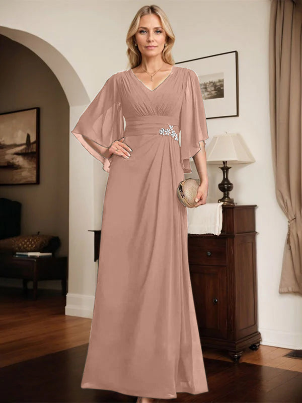 Robe de mère de la mariée fourreau/colonne, col en V, longueur au sol, en mousseline, avec paillettes plissées et perles 