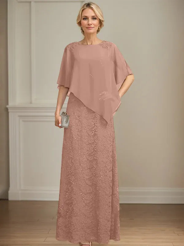 Column Scoop Floor-Length Chiffon Lace Mother of the Bride Dress With Sequins Beading