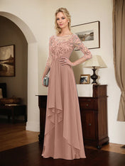 A-line Scoop Illusion Floor-Length Lace Chiffon Mother of the Bride Dress With Cascading Ruffles
