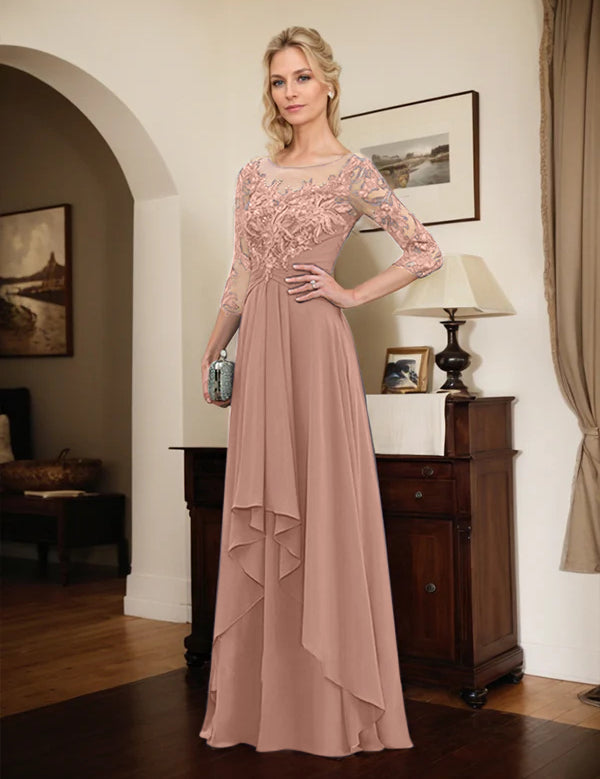 Robe de mère de la mariée trapèze en mousseline de soie et dentelle, longueur au sol, avec volants en cascade 