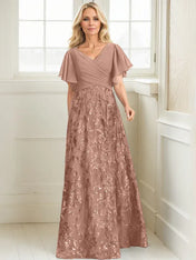A-line V-Neck Floor-Length Lace Sequin Chiffon Mother of the Bride Dress With Pleated