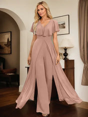 Jumpsuit/Pantsuit V-Neck Floor-Length Chiffon Evening Dress