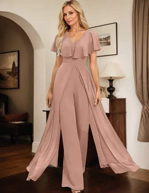 Pantsuit V-Neck Floor-Length Chiffon Evening Dress