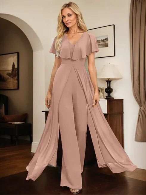 Pantsuit V-Neck Floor-Length Chiffon Evening Dress
