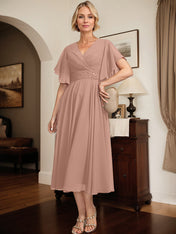 A-line V-Neck Tea-Length Chiffon Mother of the Bride Dress With Pleated Beading