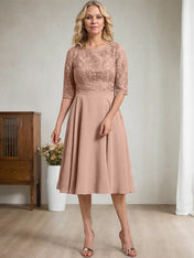 A-line Scoop Knee-Length Lace Chiffon Mother of the Bride Dress