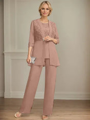 Jumpsuit/Pantsuit Separates Scoop Floor-Length Chiffon Lace Mother of the Bride Dress With Sequins