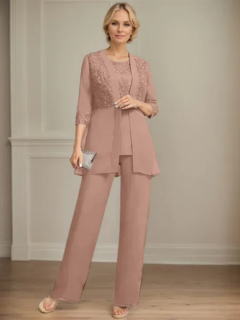 Pantsuit Separates Scoop Floor-Length Chiffon Lace Mother of the Bride Dress With Sequins