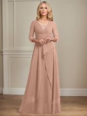 A-line V-Neck Floor-Length Chiffon Mother of the Bride Dress With Pleated Beading