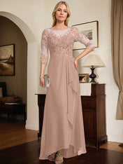 A-line Scoop Illusion Asymmetrical Lace Chiffon Mother of the Bride Dress With Sequins Cascading Ruffles