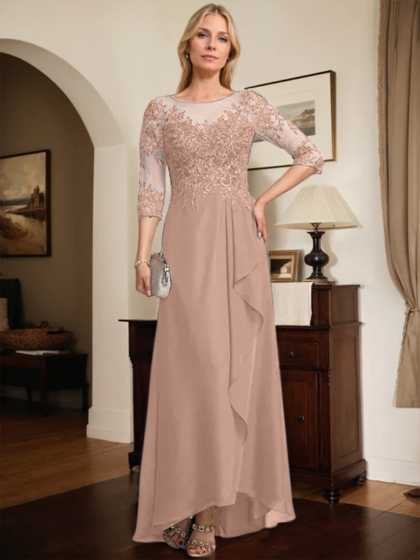 A-line Scoop Illusion Asymmetrical Lace Chiffon Mother of the Bride Dress With Sequins Cascading Ruffles