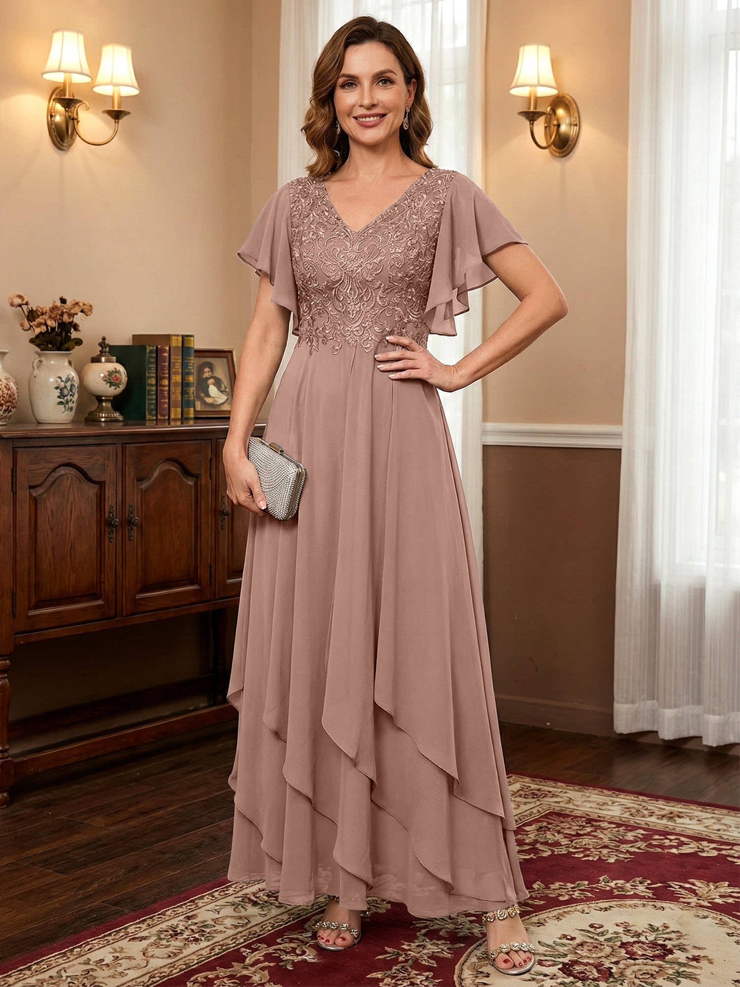 A-line V-Neck Ankle-Length Lace Chiffon Mother of the Bride Dress With Cascading Ruffles