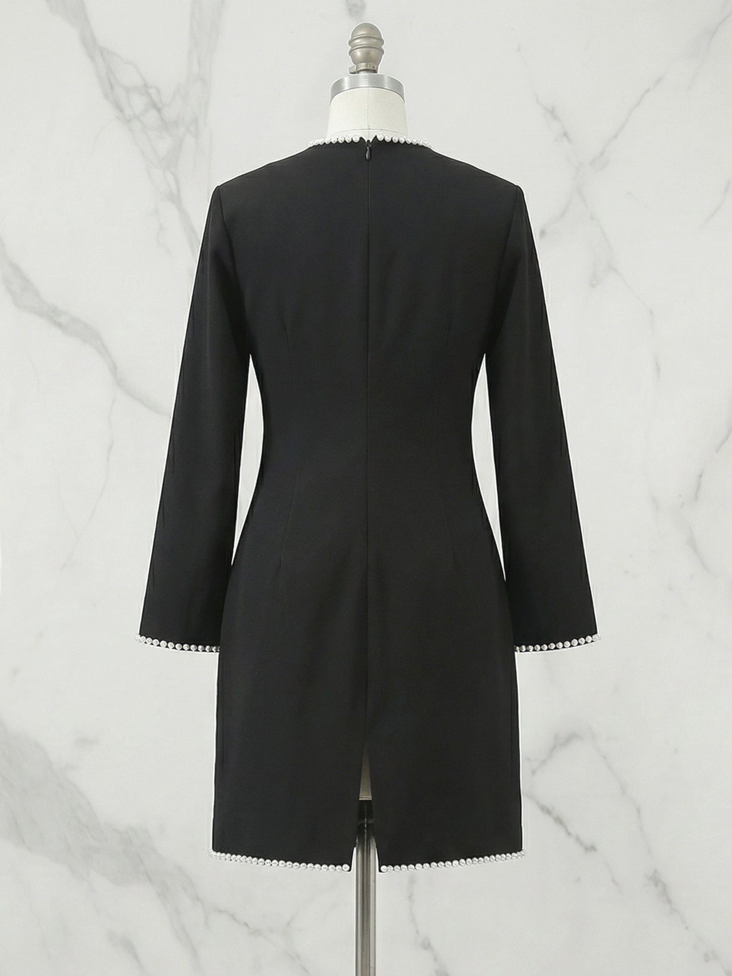 White Pearl Hollow Out Classic Crew Neck Long Sleeve Shift Mini Dress Gown