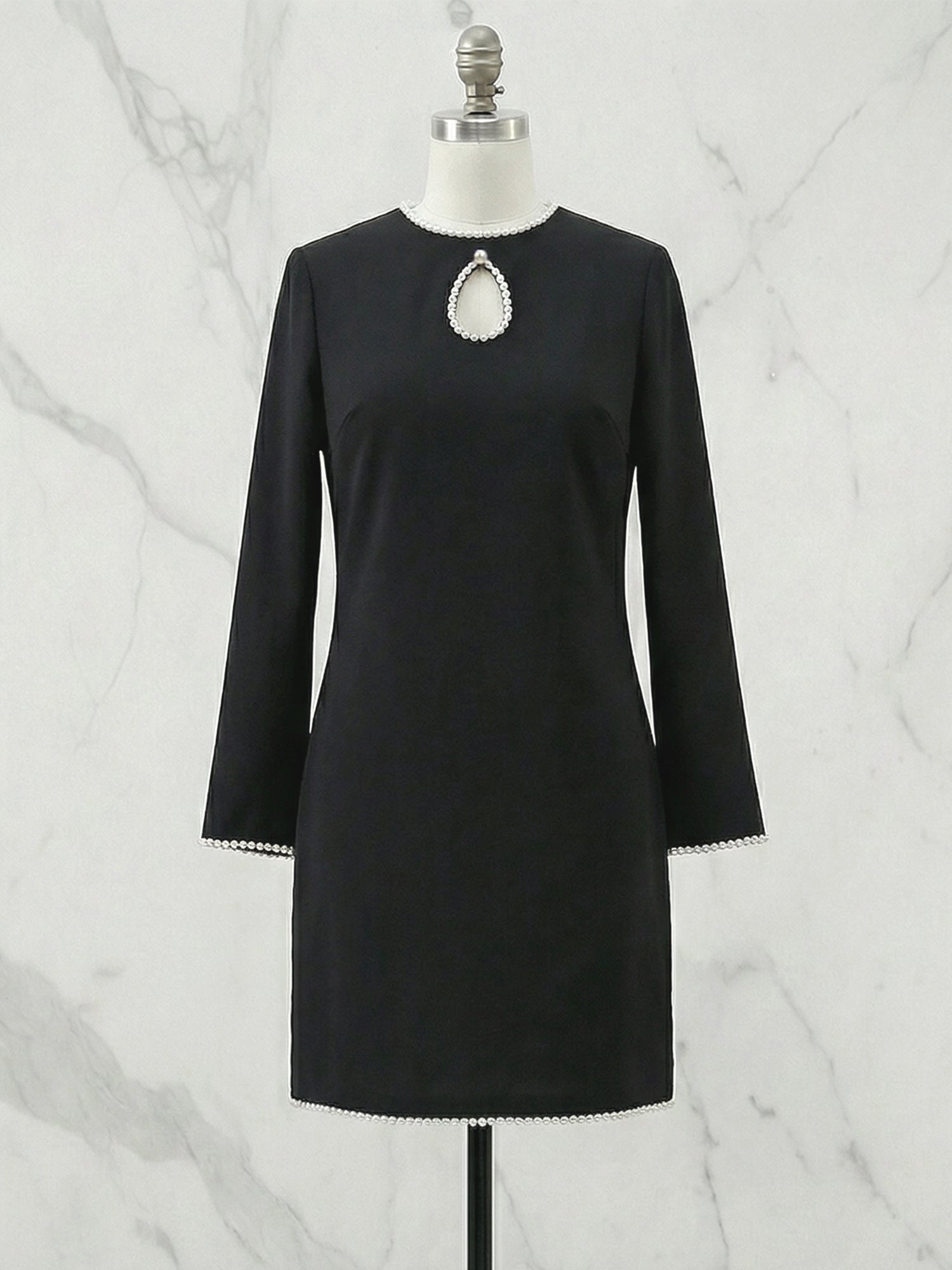 White Pearl Hollow Out Classic Crew Neck Long Sleeve Shift Mini Dress Gown