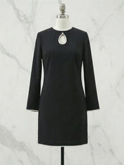 White Pearl Hollow Out Classic Crew Neck Long Sleeve Shift Mini Dress Gown