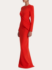 Red Sheath/Column Scoop Long Sleeves Chiffon Floor-Length Ruffles Formal Dress