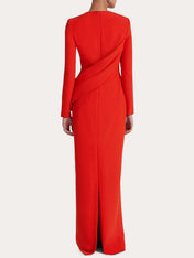 Red Sheath/Column Scoop Long Sleeves Chiffon Floor-Length Ruffles Formal Dress