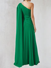 A Line Green Chiffon One Shoulder Long Cape Sleeves Floor Length Dress