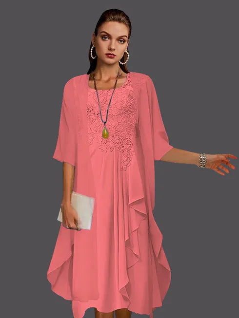 Two Piece A-Line Chiffon Lace Sleeveless Jacket Dresses with Pleats Appliques