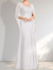 A-line Scoop Illusion Floor-Length Lace Chiffon Mother of the Bride Dress With Pleated Sequins