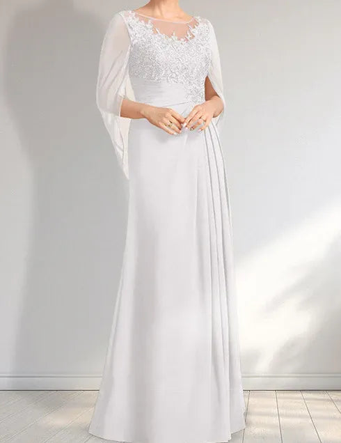 Robe de mère de la mariée trapèze en mousseline de soie et dentelle, longueur au sol, avec décolleté en V et paillettes plissées
