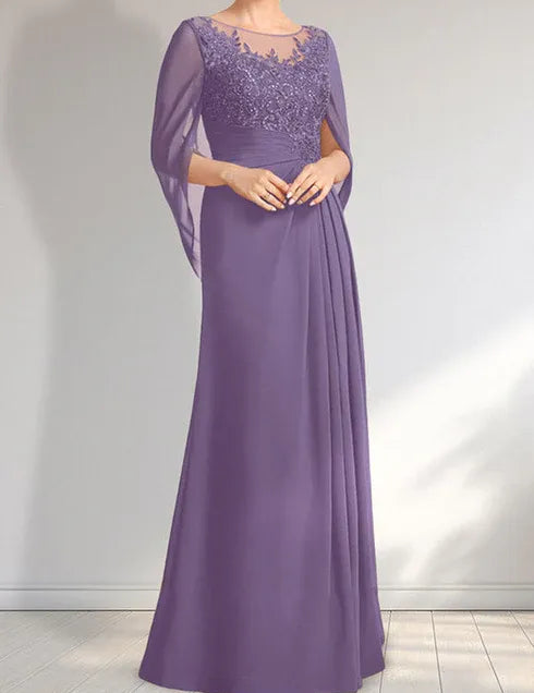 Robe de mère de la mariée trapèze en mousseline de soie et dentelle, longueur au sol, avec décolleté en V et paillettes plissées