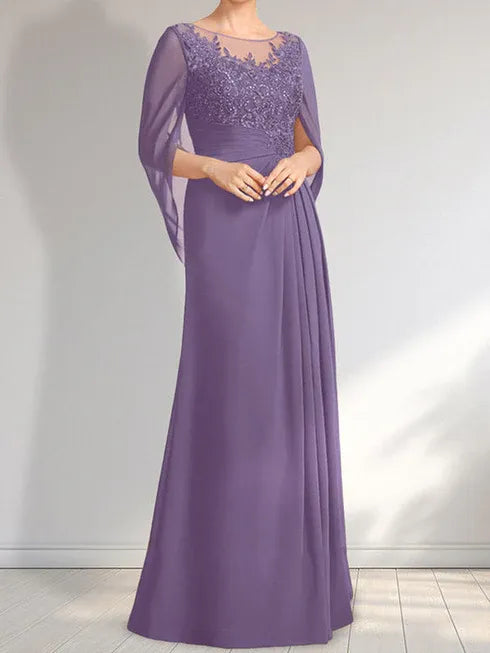 Robe de mère de la mariée trapèze en mousseline de soie et dentelle, longueur au sol, avec décolleté en V et paillettes plissées