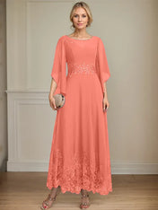 A-line Scoop Illusion Ankle-Length Lace Chiffon Mother of the Bride Dress With Sequins
