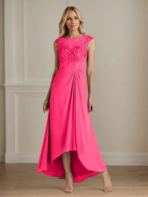 Champagne A-Line Scoop Lace Chiffon Dress